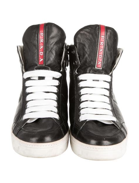 prada womens black leather ankle sneakers|prada high top designer sneakers.